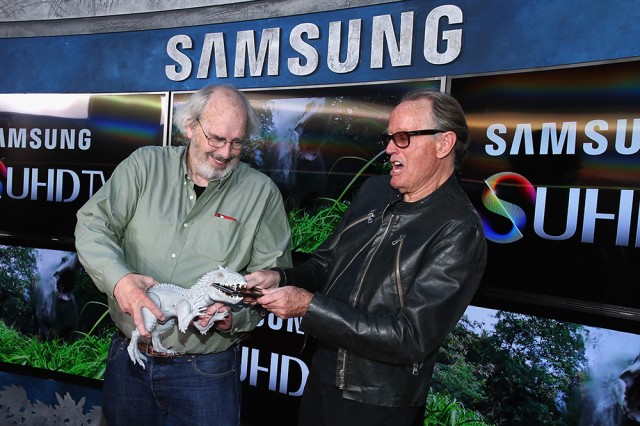 HOLLYWOOD, CA - JUNE 09:  Actor Peter Fonda (L) and Paleontologist consultant Jack Horner poses in front of Samsung’s SUHD TVs at the premiere of Jurassic World at Dolby Theatre on June 9, 2015 in Hollywood, California.  (Photo by Jonathan Leibson/Getty Images for Samsung)