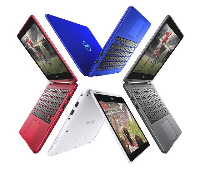 Four Dell Inspiron 11 3000 Series (Model 3168, Drax) Touch 11-inch notebook computers arranged in a circle, from left to right, model open over 90 degrees, facing left, model open over 180 degrees, with screen facing left, model open over 90 degrees with screen facing right, and model open over 180 degrees with screen facing right.